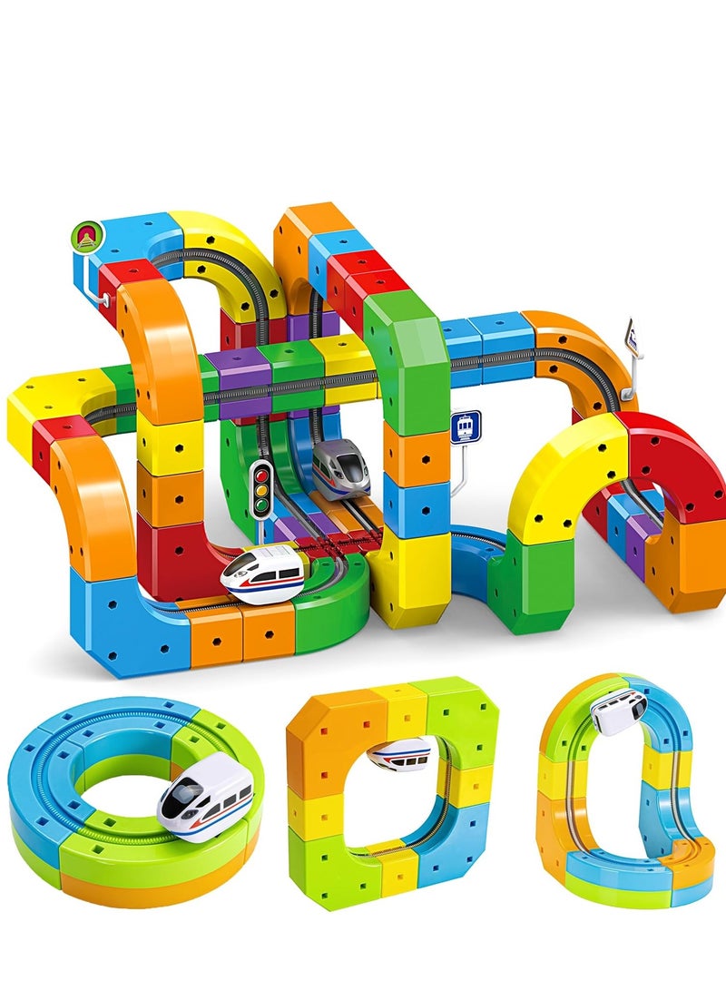 XICEN Electric Rail Train Set for Kids, 123PCS Stacking and Nesting Train Track Toys, 360° Movement, Anti-Gravity Modular Building Cubes Track Locomotive, DIY Flexible Race Track, STEM Educational Railtrain Toys, Includes 2 Trains and Traffic Signs - Image 1